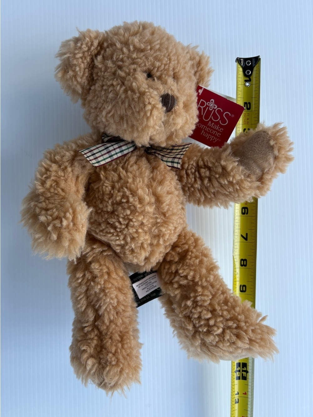 Vintage Russ Plush Douglas Light Brown Curly Teddy with Plaid Bow